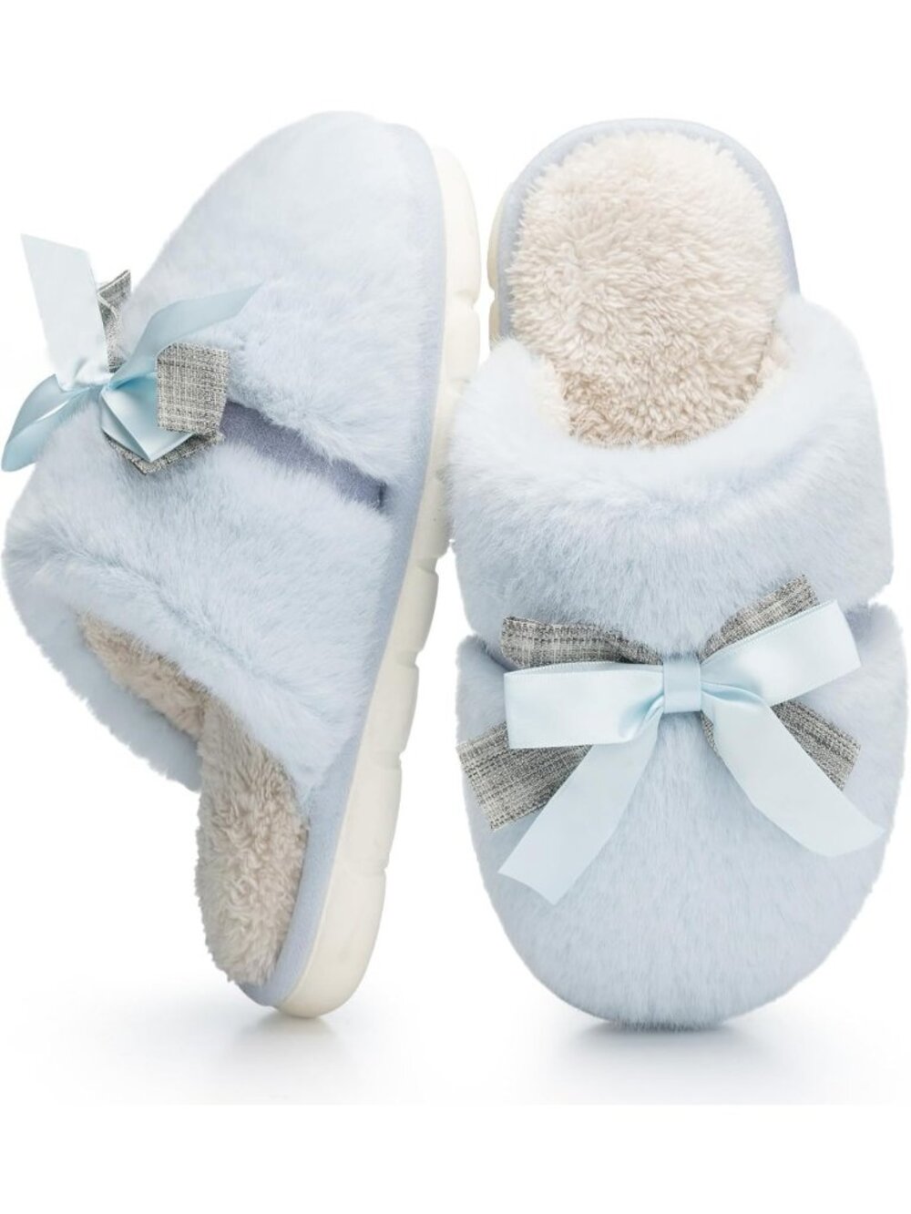 Women's Blue Memory Foam Fuzzy Plush Cozy Shoes With Bow Comfortable Slippers
